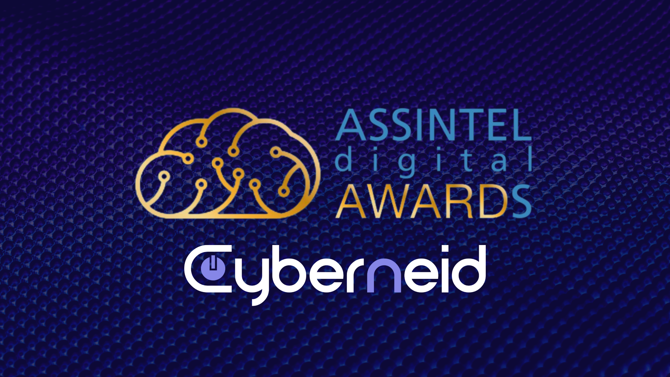 Dall'alto verso il basso: Assintel digital awards, Cyberneid. Immagine sui toni del blu con texture metallica in trasparenza.