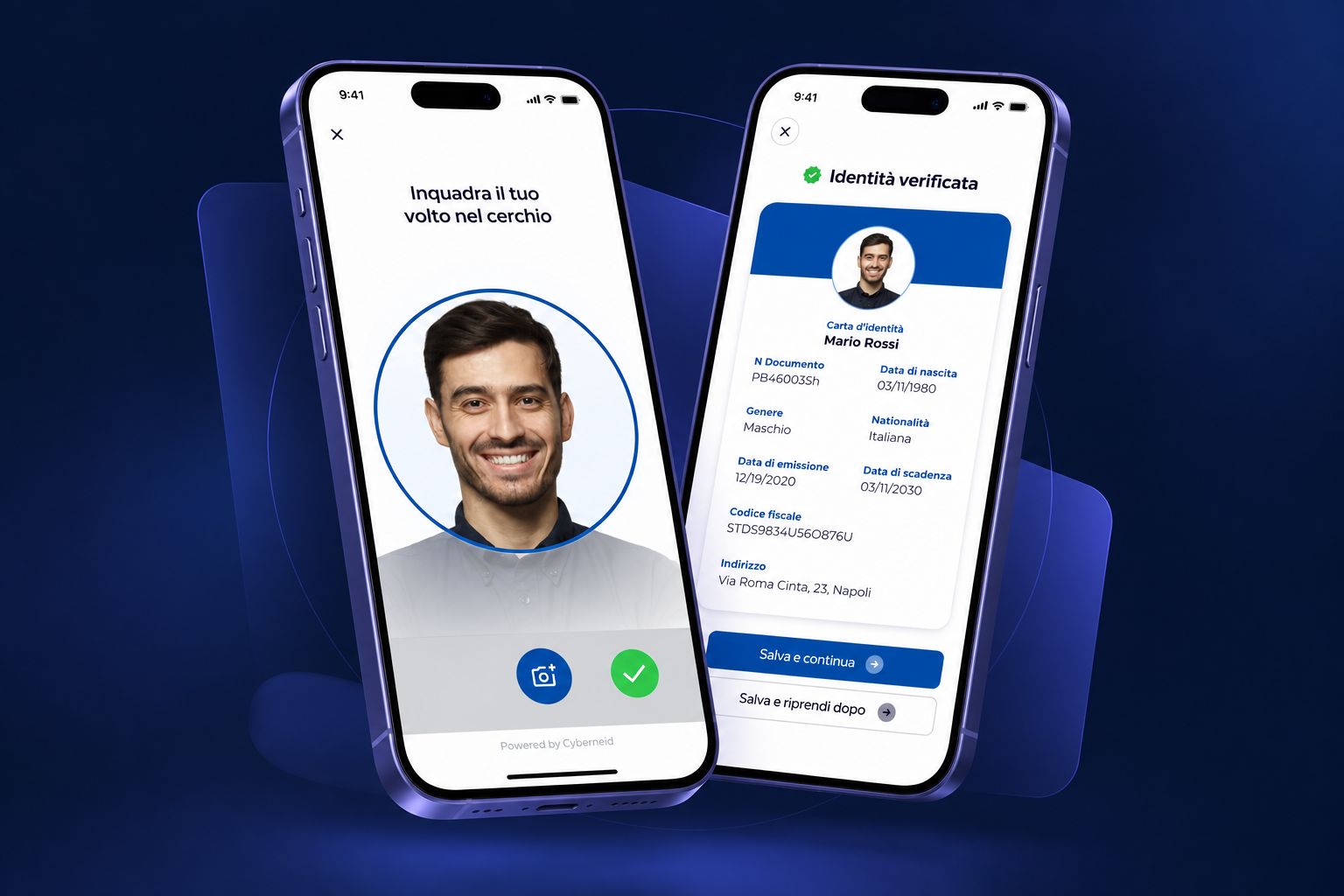 Mizzica IdentiKYC: face capture and verified identity screens